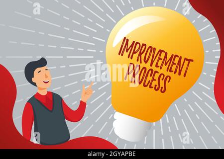 Textüberschrift mit Darstellung des Verbesserungsprozesses, Word für fortlaufende Bemühungen zur Verbesserung von Produkten und Dienstleistungen Online-Erfassung von Bildungsdokumenten, Ausfüllen Stockfoto