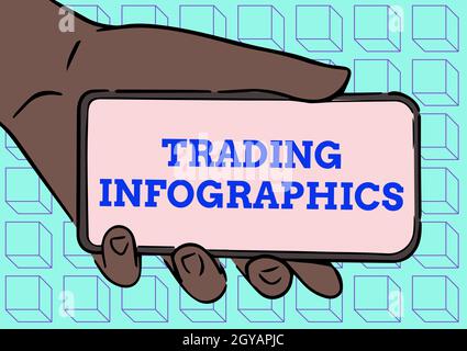 Konzeptionelle Darstellung Trading Infografiken, Wort zur visuellen Darstellung von Handelsinformationen oder Daten Erwachsenenhand Illustration Holding Mobile zeigt Ne Stockfoto