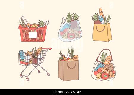 Einkaufstaschen und Lebensmitteleinkäufe Konzept. Volle Beutel und Körbe mit natürlichen Lebensmitteln, Bio-Obst und Gemüse für eine saubere Ernährung gesunde Ernährung vect Stockfoto
