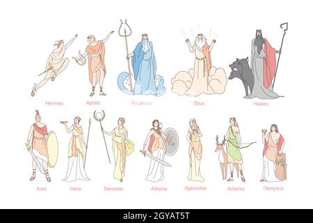 altgriechische Götter setzen Konzept. Gott Pantheon in Griechenland Hermes, Apollo, Poseidon, Zeus, Hades, Ares, Hera, Demeter, Athena, Aphrodite, Artemis und Dion Stockfoto