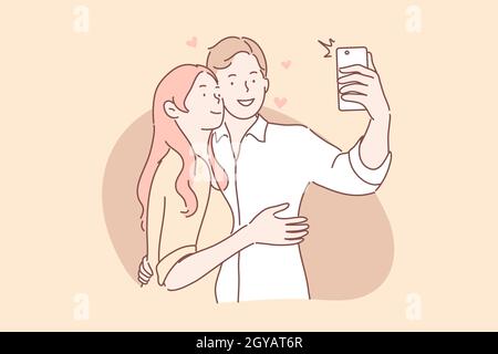 Paar in der Liebe nehmen Selfie Konzept. Freund und Freundin Mann und Frau umarmen und macht Foto oder Foto auf dem Smartphone zusammen. Verliebte Paare Stockfoto