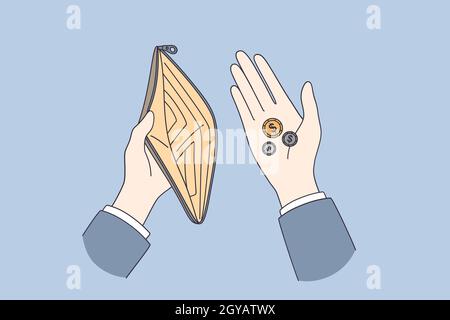 Armut, wenig Budget-Konzept. Draufsicht auf menschliche Hände halten Geldbörse mit wenigen Münzen wenig Geld kleines Budget für Leben Vektor-Illustration Stockfoto