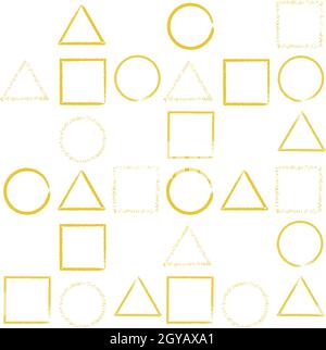 Grafische Formen - Kreis, Quadrat und Dreieck auf weißem Hintergrund. Abstrakte goldene Elemente. Geometrisches Gold-Nahtloses Muster für Designdrucke Stock Vektor
