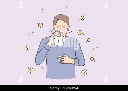 Allergiereaktion, Medizin und Gesundheitskonzept. Mann Zeichentrickfigur mit Pollenallergie mit laufender Nase und wässrigen Auge Vektor-Illustration Stockfoto