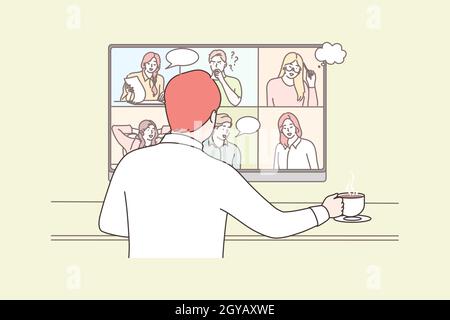 Business, Online, Konferenz, Meeting, Kommunikationskonzept. Geschäftsmann Chef Manager Zeichentrickfigur Kommunikation mit Mitarbeitern Kollegen onlin Stockfoto