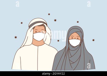 Individueller Schutz gegen Coronavirus-Infektionskonzept. Muslimische Ehemann und Ehefrau Cartoon-Figuren tragen schützende medizinische Masken für Virus vor Stockfoto