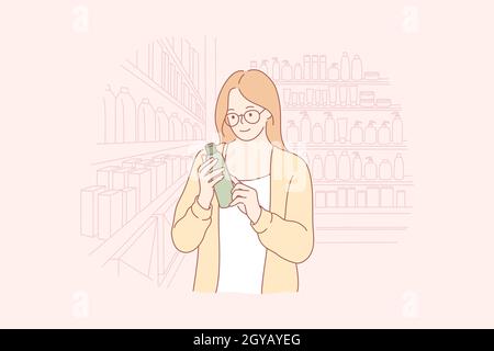 Shopping, Beauty, Öko-Kosmetik-Konzept. Junge glückliche Frau Shop Assistant oder Käufer Cartoon Charakter hält Flasche Toilettenartikel Sortiment im Shop. Sk Stockfoto