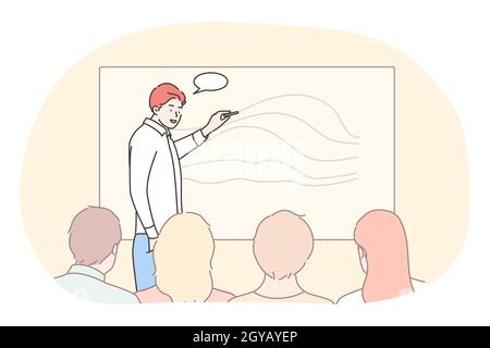 Business, Bildung, Präsentation, Meeting, Konferenz, Trainingskonzept. Geschäftsmann Coach Manager Leader Chef präsentiert Unternehmensplan Projekt zu einem Stockfoto