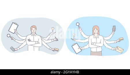 Multitasking im Business- und Bürokonzept. Junge lächelnde Mann und Frau Geschäftsleute Büroangestellte stehen zwischen verschiedenen Aufgaben für wor Stockfoto