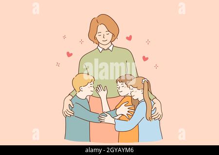 Happy Teachers Day Konzept. Junge lächelnde Frau Lehrer Zeichentrickfigur stehen und umarmen lächelnde Kinder Schüler Vektor-Illustration in classr Stockfoto