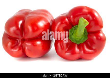 Zwei rote Paprika auf weißem Hintergrund isoliert. Paprika Nahaufnahme Stockfoto