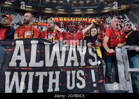 Turin, Italien. Oktober 2021. Fans Belgiens während des Halbfinalspiels der UEFA Nations League zwischen Belgien und Frankreich im Juventus-Stadion in Turin (Italien) am 7. Oktober 2021. Foto Andrea Staccioli/Insidefoto Kredit: Insidefoto srl/Alamy Live News Stockfoto