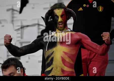 Turin, Italien. Oktober 2021. Fans Belgiens während des Halbfinalspiels der UEFA Nations League zwischen Belgien und Frankreich im Juventus-Stadion in Turin (Italien) am 7. Oktober 2021. Foto Andrea Staccioli/Insidefoto Kredit: Insidefoto srl/Alamy Live News Stockfoto