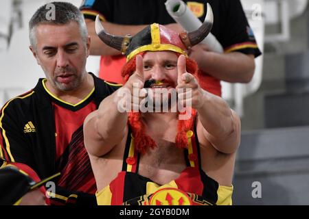 Turin, Italien. Oktober 2021. Fans Belgiens während des Halbfinalspiels der UEFA Nations League zwischen Belgien und Frankreich im Juventus-Stadion in Turin (Italien) am 7. Oktober 2021. Foto Andrea Staccioli/Insidefoto Kredit: Insidefoto srl/Alamy Live News Stockfoto