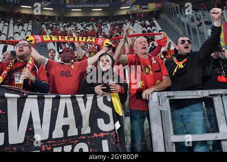 Turin, Italien. Oktober 2021. Fans Belgiens während des Halbfinalspiels der UEFA Nations League zwischen Belgien und Frankreich im Juventus-Stadion in Turin (Italien) am 7. Oktober 2021. Foto Andrea Staccioli/Insidefoto Kredit: Insidefoto srl/Alamy Live News Stockfoto