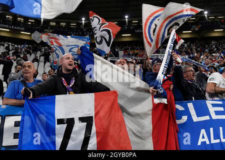 Turin, Italien. Oktober 2021. Fans Frankreichs beim Halbfinalspiel der UEFA Nations League zwischen Belgien und Frankreich im Juventus-Stadion in Turin (Italien) am 7. Oktober 2021. Foto Andrea Staccioli/Insidefoto Kredit: Insidefoto srl/Alamy Live News Stockfoto