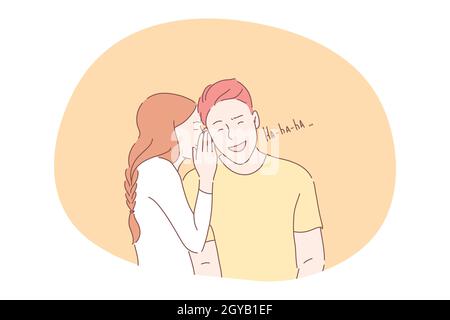 Witz, teilen Geheimnisse, Flirten, Dating, Romantik-Konzept. Mädchen teen Zeichentrickfigur Flüstern Witze und Geheimnisse lächelnde Freunde Ohr während mir Stockfoto