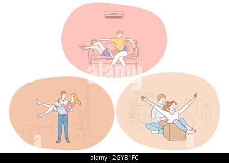 Liebe, Paar in Beziehung, Zweisamkeit Konzept. Glücklich junge liebevolle Paare Zeichentrickfiguren aus, entspannen zu Hause, Spaß zusammen und wieder Stockfoto