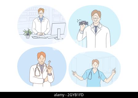 Arzt, Medizin, Gesundheitswesen, Therapeut, Medicare, Klinikkonzept. Junge lächelnde Männer Ärzte in weißen Uniform Cartoon-Figuren Beratung Patienten, Stockfoto