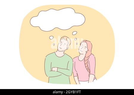 Denken, Ideen, Gedanken, Imagination Konzept. Junge lächelnde paar Cartoon-Figuren stehen und denken über gemeinsame Dinge in der Phantasie mit w Stockfoto