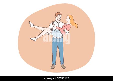 Liebe, Paar in Beziehung, Zweisamkeit Konzept. Glücklich jung liebenden Freund hält seine lächelnde Freundin auf den Händen während Date im Freien. Datierung, Stockfoto