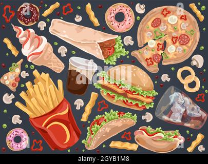 Street Meal, pommes frites, Pizza, Hamburger, Take Away Service, Kaffee, Hot Dog, Burrito, Eis, schnelles Mittagessen. Fast Food, ungesunde Ernährung Co Stockfoto