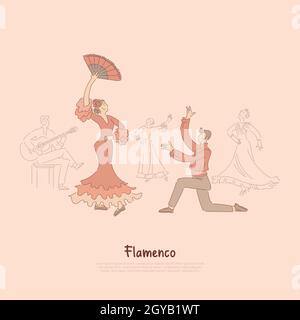 Professionelle Tänzer, elegante Frau in rotem Kleid, Flamenco, traditioneller spanischer Tanz, Unterhaltungsshow Banner. Spanien Kultur, Art Nummer Stockfoto