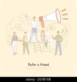 Empfehlungen Programm, Geschäftsmann hält riesige Megaphon, Marketing-Netzwerk, empfehlen einen Freund Banner. Werbegeschäft, Promotion Kampagne Konzept Warenkorb Stockfoto