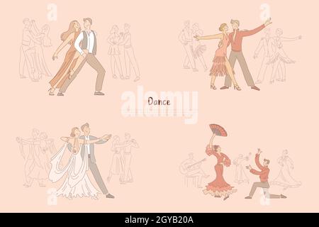Ballsaal Tänzer Leistung, Paare tanzen Tango, Rumba, Foxtrot, leidenschaftliche Flamenco Banner. Choreographie Kunst, Wettbewerb im Latino Programm conce Stockfoto