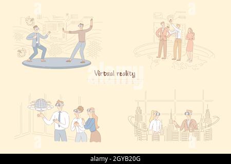 Virtual Reality im täglichen Leben, Mann in VR-Brille Training Kampfkunst, Präsentation auf AR-Board, 3d-Modellierung Banner. Virtuelle Stadtrundfahrt c Stockfoto