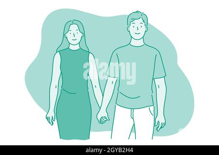 Liebe, Paar in Beziehung, Zweisamkeit Konzept. Glücklich jung liebenden Freund hält seine lächelnde Freundinnen Hand während Date im Freien. Datierung, ro Stockfoto