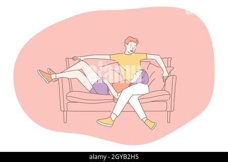 Liebe, Paar in Beziehung, Zweisamkeit Konzept. Glücklich junge liebevolle Paar Cartoon-Figuren zusammen auf dem Sofa entspannen und das Gefühl der Liebe zu jedem ot Stockfoto