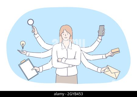 Multitasking, Geschäftseffizienz, Management, Konzept. Effektive Exekutive Geschäftsfrau professionelle Schreiber kompetente Manager Führer Cartoon Charakter Stockfoto