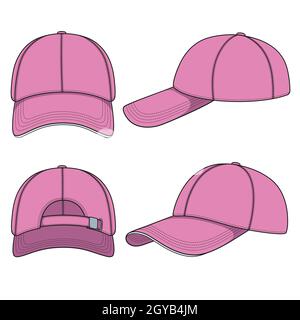 Set mit farbigen Illustrationen mit einer pinken Baseballmütze. Isolierte Vektorobjekte auf weißem Hintergrund. Stock Vektor
