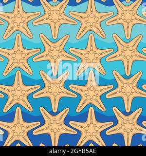 Nahtloses Farbmuster mit Seesternen auf dem Hintergrund von Meereswellen. Sommer Vektorhintergrund. Stock Vektor