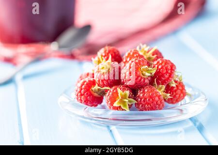 Reife rote Himbeeren auf Glasplatte auf blauem Tisch. Stockfoto