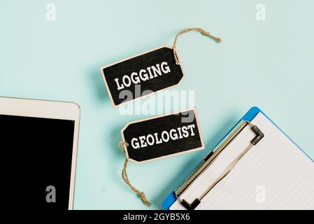 Konzeptionelle Darstellung Logging Geologist, Internet Concept Layout und Ausführung von Definition Diamantbohrprogrammen Sammlung von leerem Sticker Tag Stockfoto