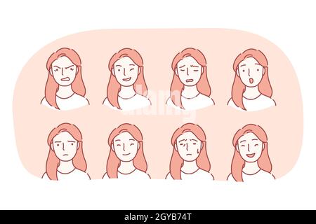 Verschiedene Emotionen und Vielfalt der Mimik Konzept. Satz von weiblichen Gesichtern, die verschiedene Emotionen ausdrücken Wut, Glück, Frustration, Überraschung, Stockfoto