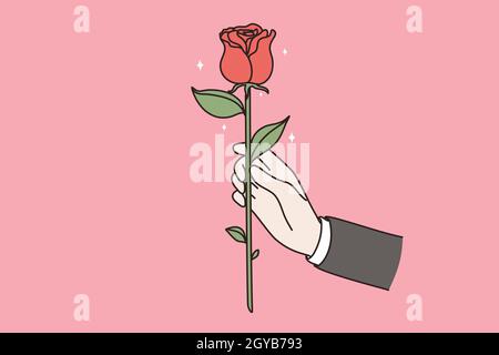 Blumen als Geschenk-Konzept geben. Hand des Geschäftsmannes hält rote frische Blüte Rose Blume geben als Geschenk an jemanden Vektor-Illustration Stockfoto