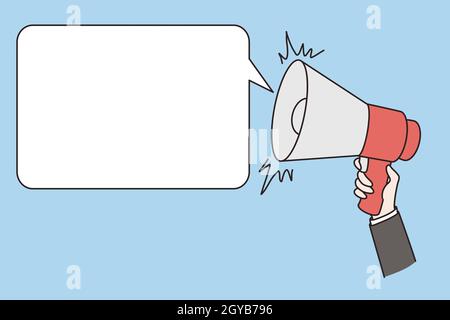 Kommunikations-, Ankündigungs- und öffentliches Werbekonzept. Menschliche Hand hält Megaphon Lautsprecher mit Mockup Copy Space weißen Blase sprach Vektor i Stockfoto