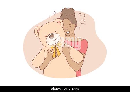 Liebe, Glück, Kindheit, Umarmung, Konzept. Junge glücklich lächelnd afrikanisch amerikanisches Mädchen Kind Teenager Cartoon Charakter umarmt Lieblings groß Teddy b Stockfoto