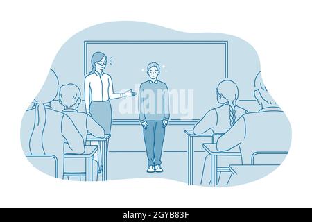 Studying in school, introducing, pupil and teacher concept. Teacher introducing new smiling boy pupil to classmates in classroom at school illustratio Stock Photo