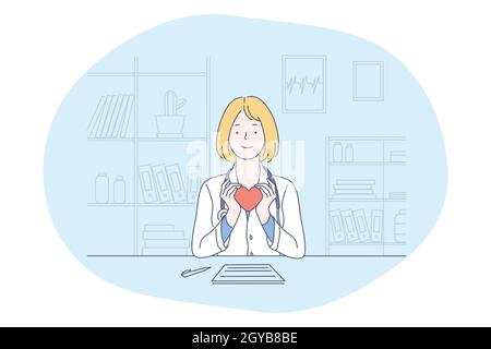 Gesundheit und Medicare Konzept. Lächelnde Frau Arzt in medizinischen Uniform sitzen und halten rotes Herz in den Händen als Symbol der Gesundheitsversorgung und Hilfe in Stockfoto