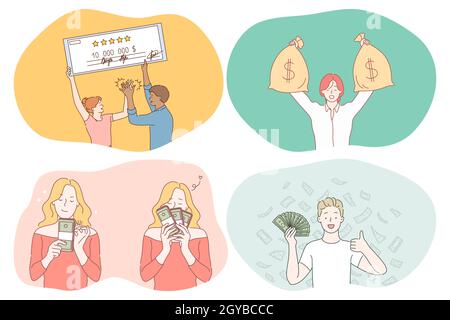 Geld, Reichtum, Jackpot-Konzept. Junge glückliche Menschen Cartoon-Figuren halten Scheck für große Menge an Geld, Säcke mit Bargeld, Haufen ob Banknoten und e Stockfoto