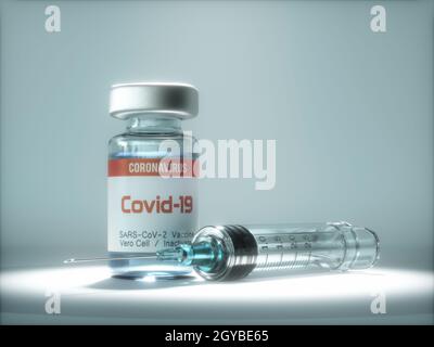 Konzeptionelles Bild für die Entdeckung eines Impfstoffs für die Covid-19, Coronavirus, 2019-nCoV, SARS-COV-2. 3D-Abbildung. Stockfoto