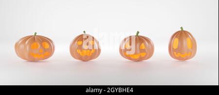 Drei Halloween Kürbisse Geist mit Lächeln isoliert auf weißem Hintergrund, Feier glücklich Halloween Event Vorlage minimal Stil, 3d Rendering illustrati Stockfoto