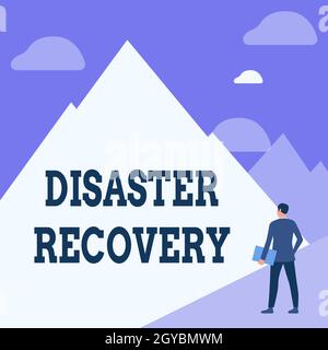 Konzeptunterschrift Disaster Recovery, Word geschrieben über die Unterstützung der Darstellung, die von einem schweren Schadenereignis betroffen ist Gentleman in Suit Standing Holding Notebook Stockfoto