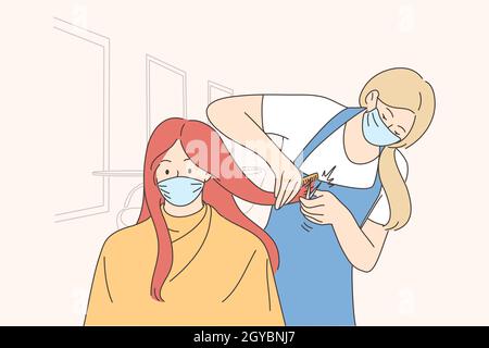 Schönheitssalon Verfahren während der Epidemie des COVID-19 Konzept. Erwachsene Frau Zeichentrickfigur Besuch Friseur in medizinischen Schutzmaske während coro Stockfoto