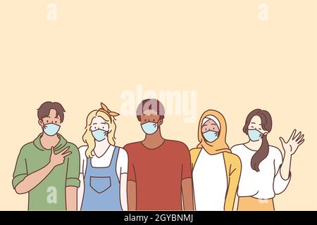 Coronavirus-Krankheit und multi ethnische Jugendfreunde Konzept. Gruppe von Jugendlichen Jugendliche Studenten tragen Gesicht medizinische Masken zur Vorbeugung Corona viru Stockfoto
