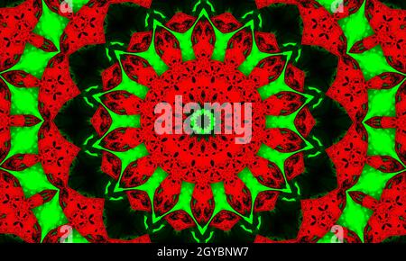 Abstrakter Hintergrund mit rot-grünem Ornament. Kaleidoskop Muster für Design. Stilisierte rote Blume auf grünem Hintergrund Stockfoto